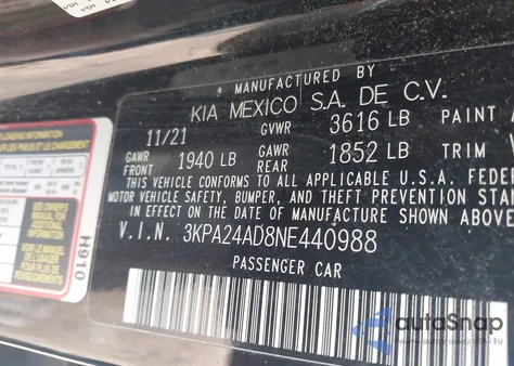 2022 Kia Rio S из США, поврежденный, VIN 3KPA24AD8NE440988